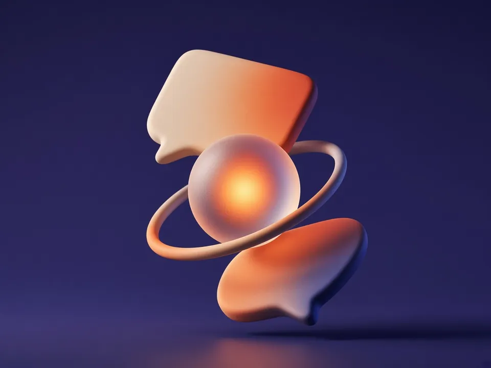A glowing sphere orbited by a ring with two speech bubbles, representing an AI chat agent